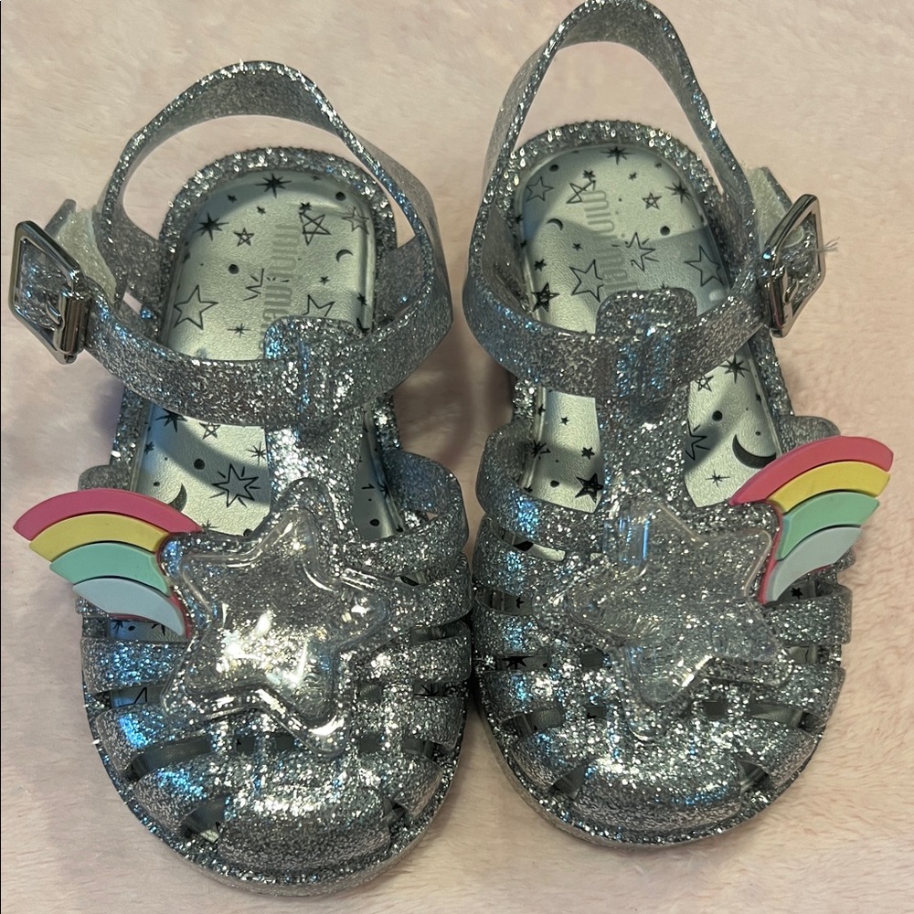 Mini Melissa Silver Glitter Jelly Sandals with Rainbow Charms